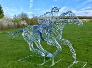 Horse and Jokey Silver Galvanised Sculpture In Field