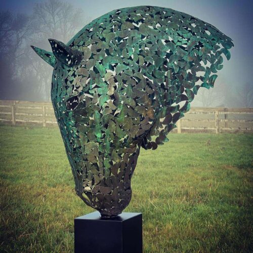 bronze horse head sculpture looking left