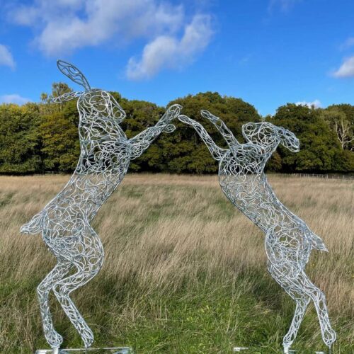 7ft Galvanised Boxing Hares Sculpture close up