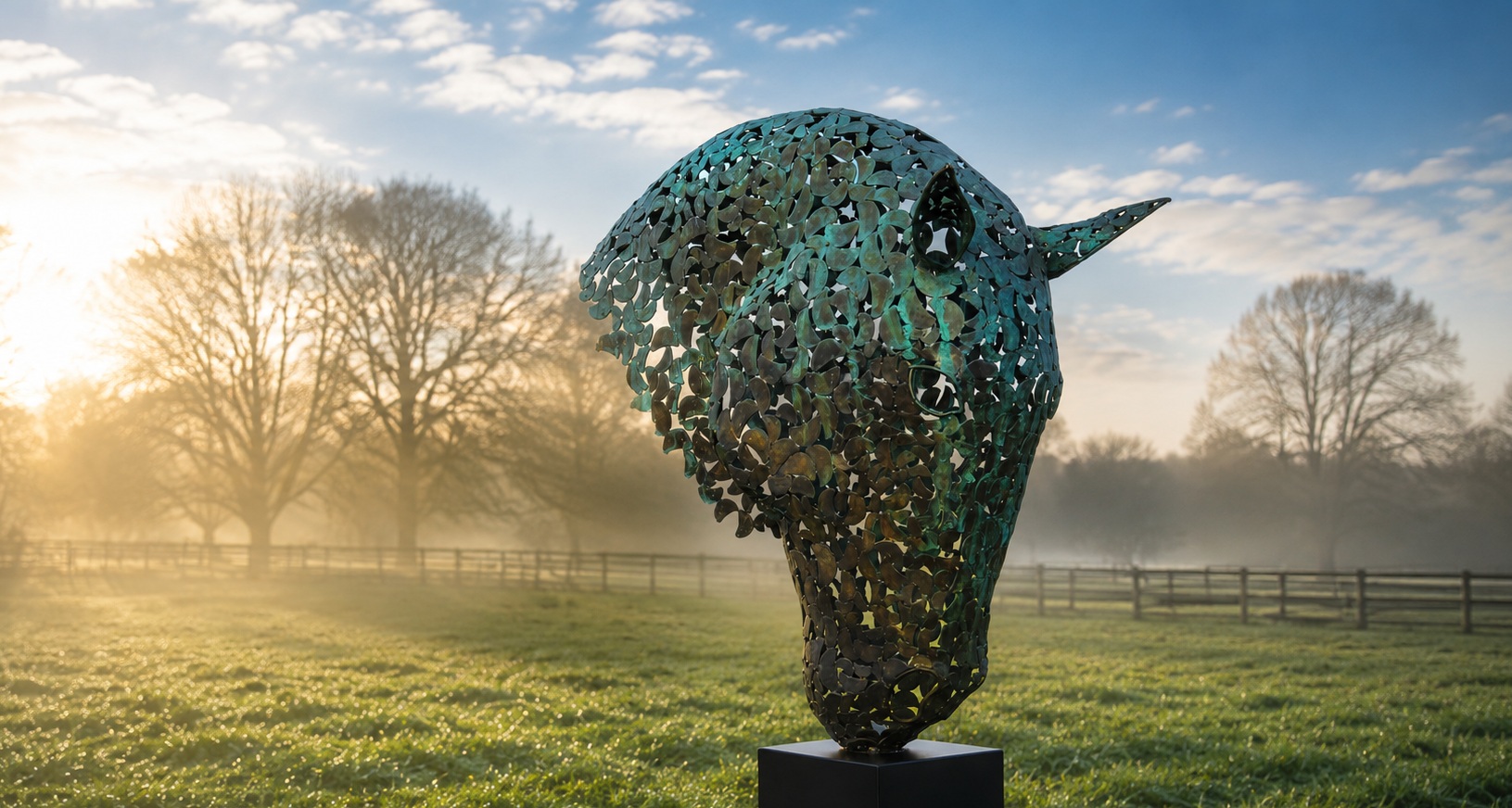 Bronze horse head sculpture at dawn in the grounds of the Charles Elliott studio, Wolds Farm, Tring