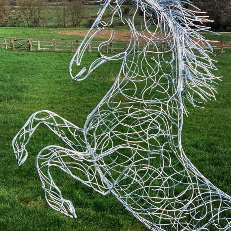 Large Silver Galvanised Rearing Horse Sculpture