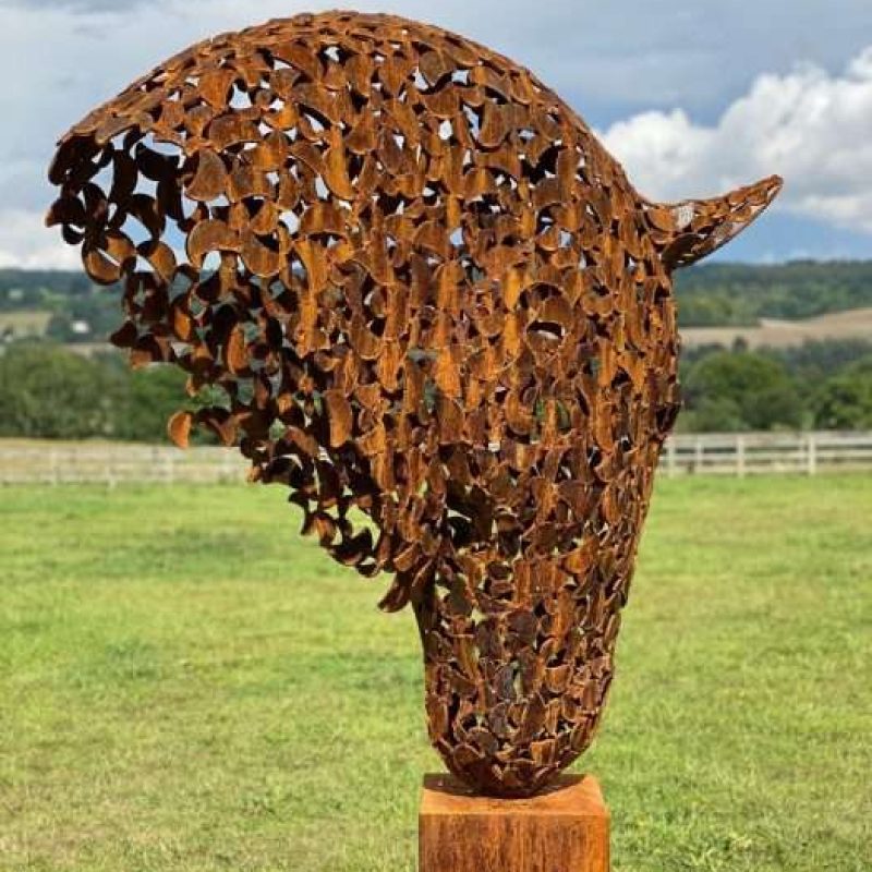 Rustic Patina Horse Head On Wooden Plinth