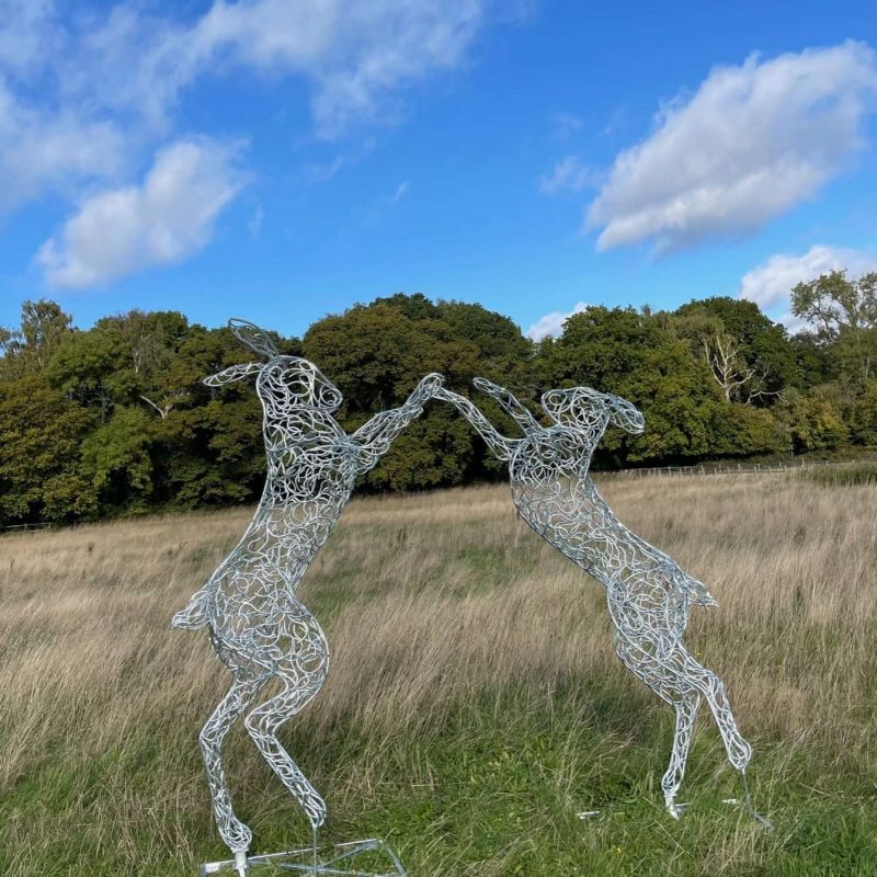 7ft Galvanised Boxing Hares Sculpture