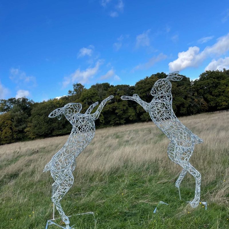 7ft Galvanised Boxing Hares Sculpture