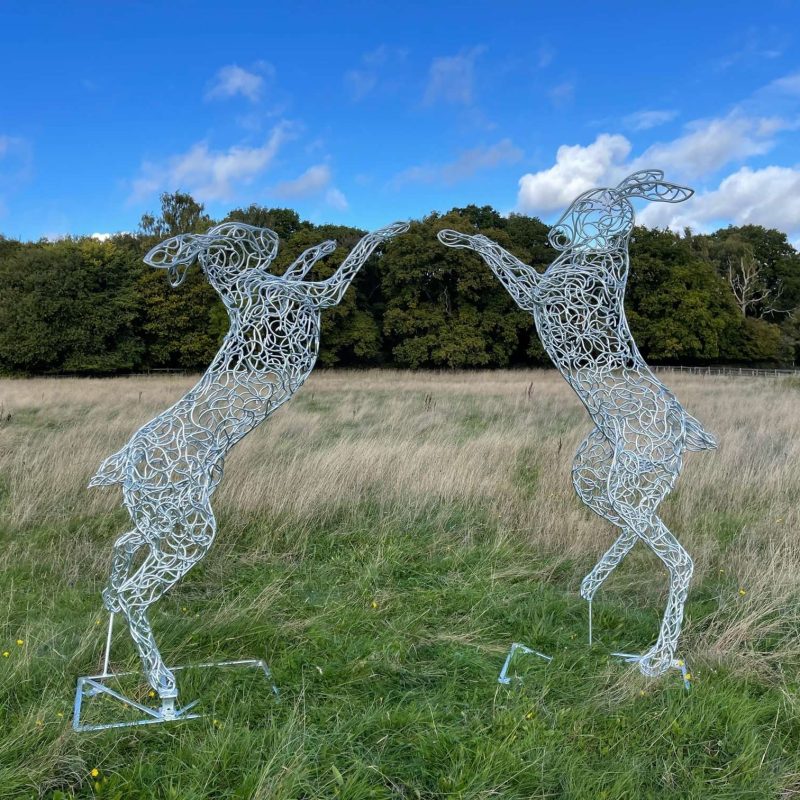 7ft Galvanised Boxing Hares Sculpture