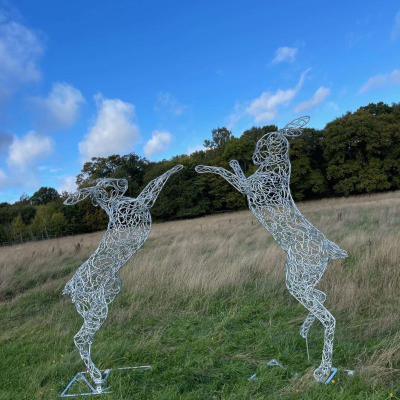 7ft Galvanised Boxing Hares Sculpture