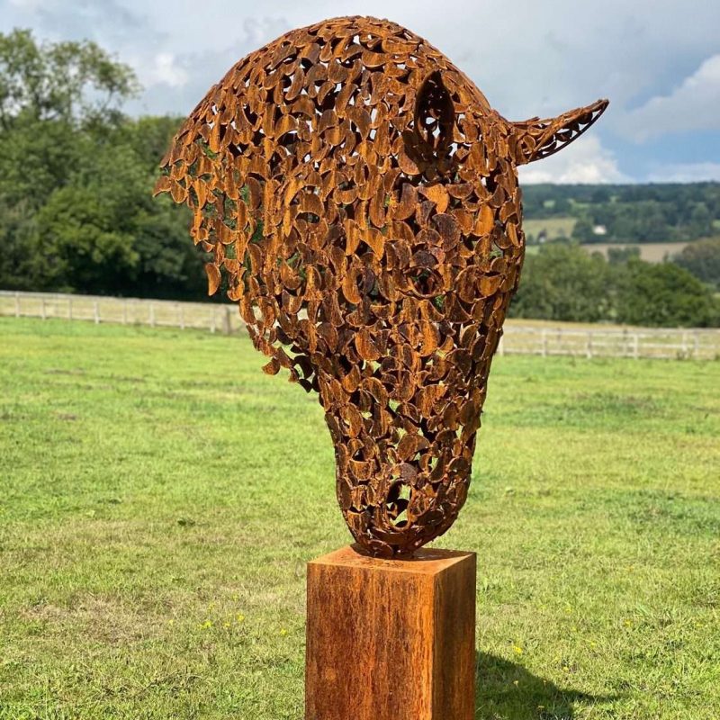 Large Rustic Patina Horse Head On Wooden Plinth